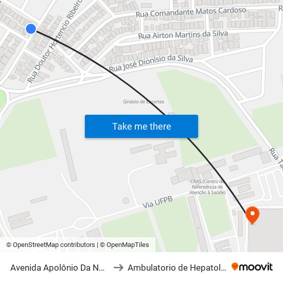 Avenida Apolônio Da Nóbrega, 168 to Ambulatorio de Hepatologia do HU map