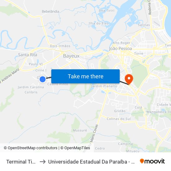 Terminal Tibiri II to Universidade Estadual Da Paraíba - Campus V map