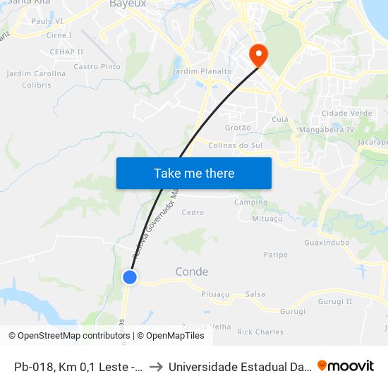 Pb-018, Km 0,1 Leste - Entrada Do Conde to Universidade Estadual Da Paraíba - Campus V map