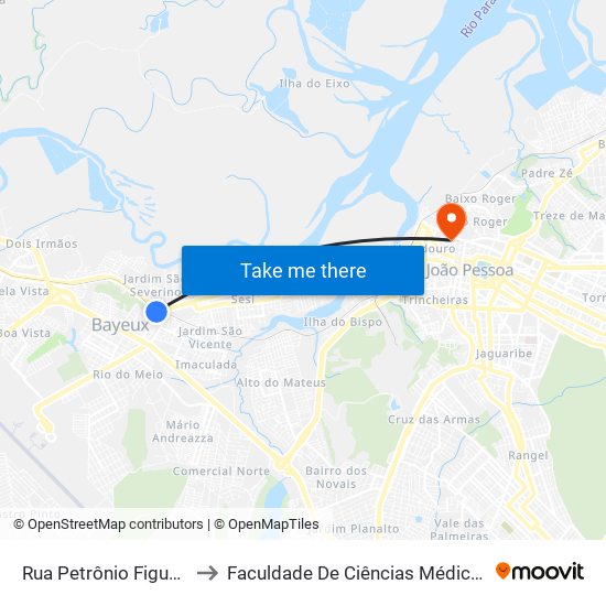 Rua Petrônio Figueiredo, 35 to Faculdade De Ciências Médicas Da Paraíba map
