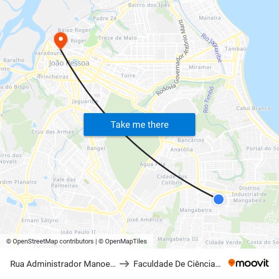 Rua Administrador Manoel Ângelo De Oliveira, 184 to Faculdade De Ciências Médicas Da Paraíba map