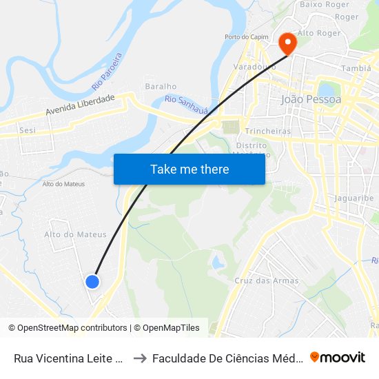 Rua Vicentina Leite Da Silva, 107 to Faculdade De Ciências Médicas Da Paraíba map