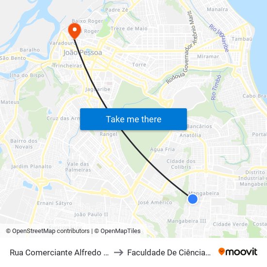 Rua Comerciante Alfredo Ferreira Da Rocha, 1020 to Faculdade De Ciências Médicas Da Paraíba map