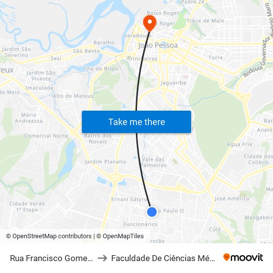 Rua Francisco Gomes Oliveira, 93 to Faculdade De Ciências Médicas Da Paraíba map