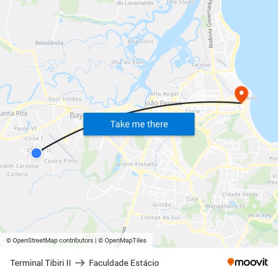 Terminal Tibiri II to Faculdade Estácio map