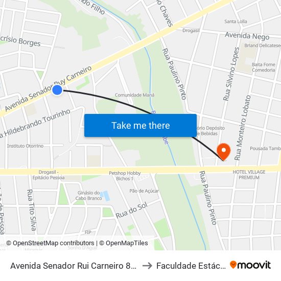 Avenida Senador Rui Carneiro 890 to Faculdade Estácio map