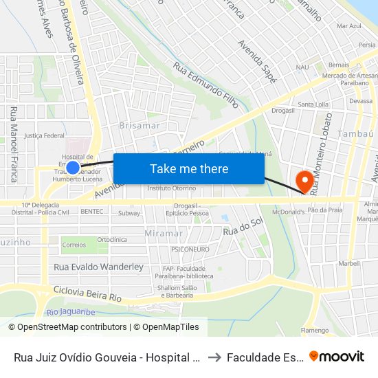 Rua Juiz Ovídio Gouveia - Hospital De Trauma to Faculdade Estácio map