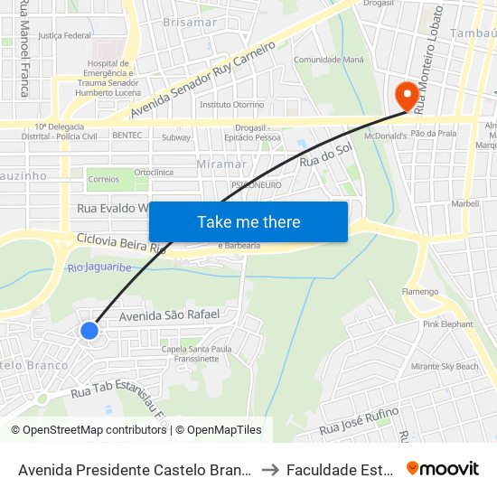 Avenida Presidente Castelo Branco, 83 to Faculdade Estácio map