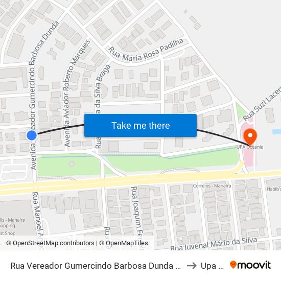 Rua Vereador Gumercindo Barbosa Dunda 205 - Supermercado Rabelo (Sent. Manaíra) to Upa Oceania map