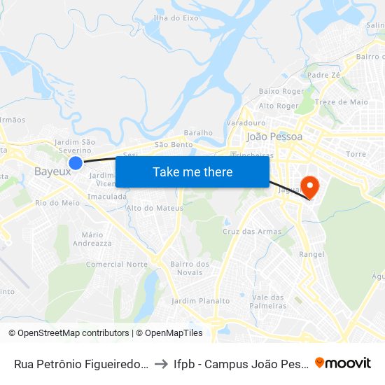 Rua Petrônio Figueiredo, 35 to Ifpb - Campus João Pessoa map