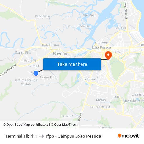 Terminal Tibiri II to Ifpb - Campus João Pessoa map