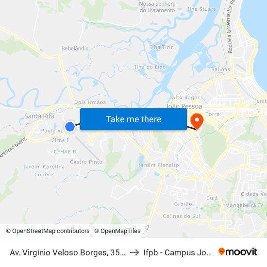 Av. Virgínio Veloso Borges, 35 - Escola Militar to Ifpb - Campus João Pessoa map