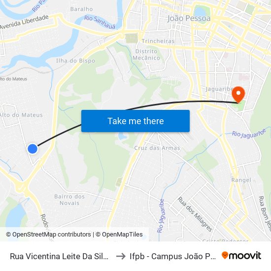 Rua Vicentina Leite Da Silva, 107 to Ifpb - Campus João Pessoa map