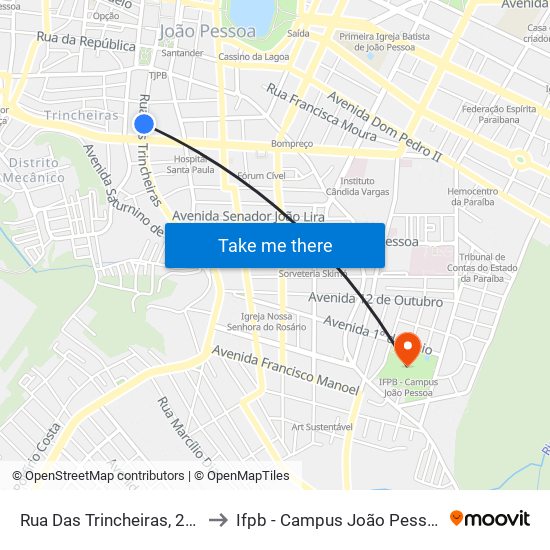 Rua Das Trincheiras, 262 to Ifpb - Campus João Pessoa map