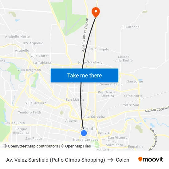 Av. Vélez Sarsfield (Patio Olmos Shopping) to Colón map