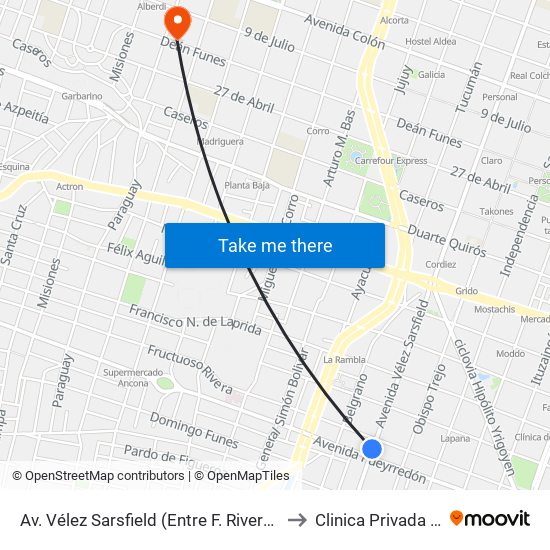 Av. Vélez Sarsfield (Entre F. Rivera Y Av. Pueyrredón) to Clinica Privada Del Prado map