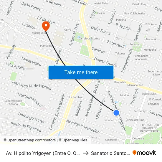 Av. Hipólito Yrigoyen (Entre O. Oro Y B. Aires) to Sanatorio Santo Tomás map
