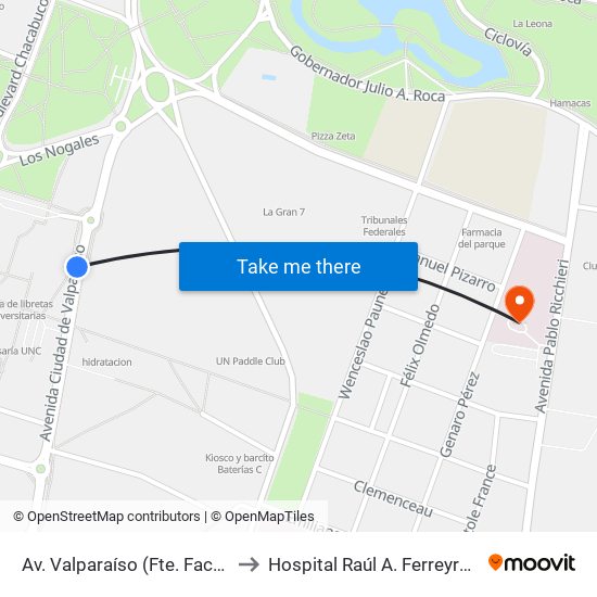Av. Valparaíso (Fte. Facultad Ciencias Económicas) to Hospital Raúl A. Ferreyra (antiguo Hospital Español) map