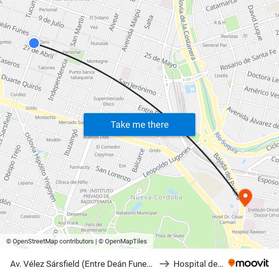 Av. Vélez Sársfield (Entre Deán Funes Y 27 De Abril) to Hospital de Niños map