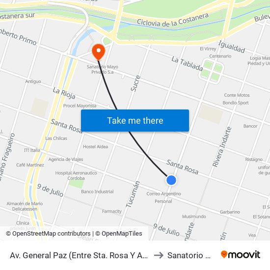 Av. General Paz (Entre Sta. Rosa Y Av. Colón) to Sanatorio Mayo map