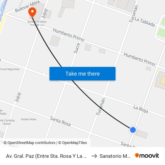 Av. Gral. Paz (Entre Sta. Rosa Y La Rioja) to Sanatorio Mayo map
