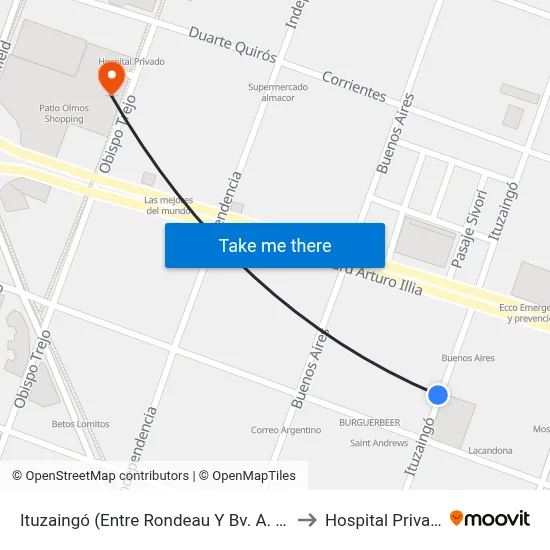 Ituzaingó (Entre Rondeau Y Bv. A. Illia) to Hospital Privado map