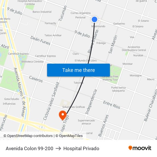 Avenida Colon 99-200 to Hospital Privado map