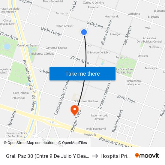 Gral. Paz 30 (Entre 9 De Julio Y Dean Funes) to Hospital Privado map