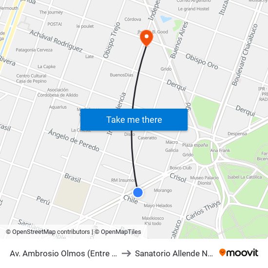Av. Ambrosio Olmos (Entre Chile E Ituzaingó) to Sanatorio Allende Nueva Córdoba map