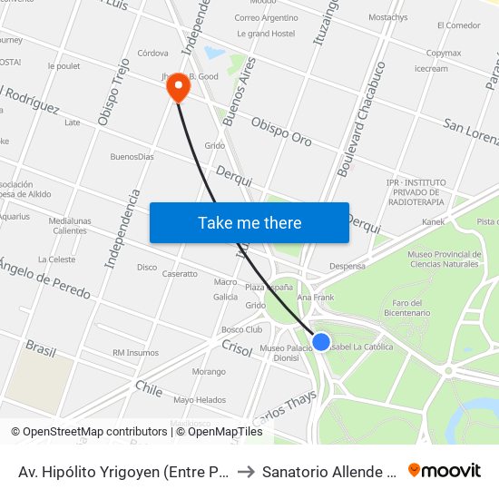 Av. Hipólito Yrigoyen (Entre Pza. España Y C. Thays) to Sanatorio Allende Nueva Córdoba map