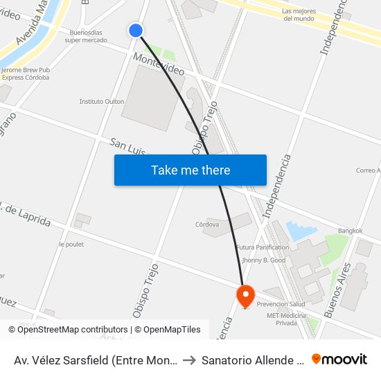 Av. Vélez Sarsfield (Entre Montevideo Y Bv. San Juan) to Sanatorio Allende Nueva Córdoba map