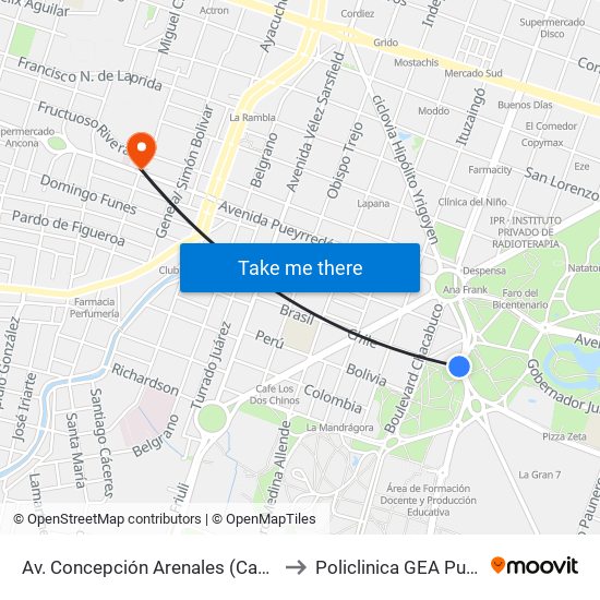 Av. Concepción Arenales (Casi Esq. Chile) to Policlinica GEA Pueyrredón map