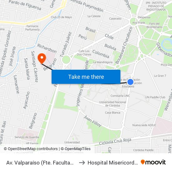 Av. Valparaíso (Fte. Facultad Ciencias Económicas) to Hospital Misericordia Dto. Oncología map