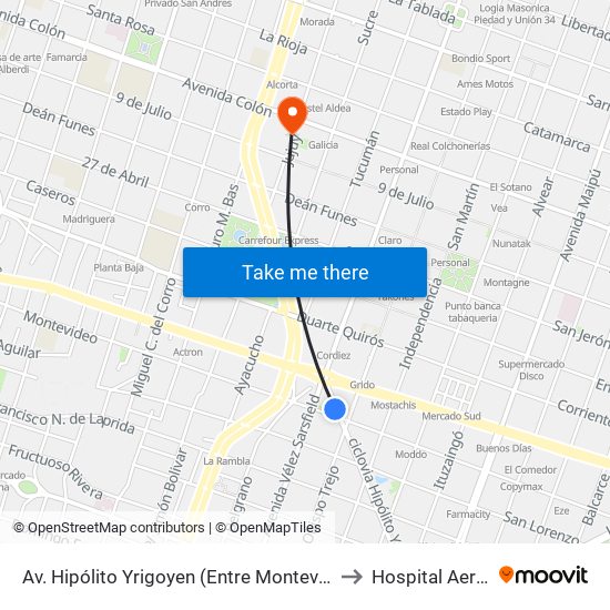 Av. Hipólito Yrigoyen (Entre Montevideo Y Bv. San Juan) to Hospital Aeronautico map