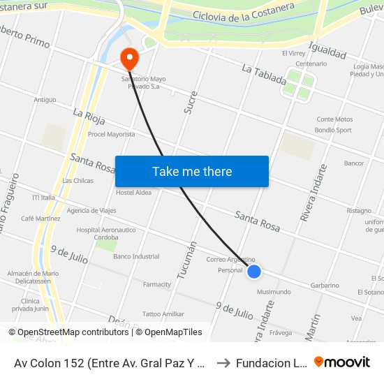 Av Colon 152  (Entre Av. Gral Paz Y  Rvera Indarte) to Fundacion Lennox map