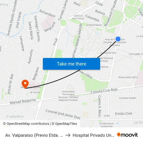 Av. Valparaíso (Previo Etda. Secretaría De Deporte U.N.C.) to Hospital Privado Universitario de Córdoba map