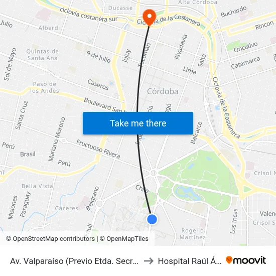 Av. Valparaíso (Previo Etda. Secretaría De Deporte U.N.C.) to Hospital Raúl Ángel Ferreyra map