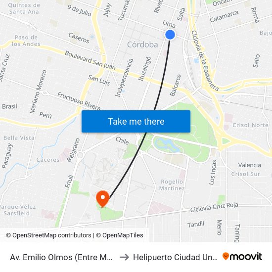 Av. Emilio Olmos (Entre Maipu Y Salta) to Helipuerto Ciudad Universitaria map