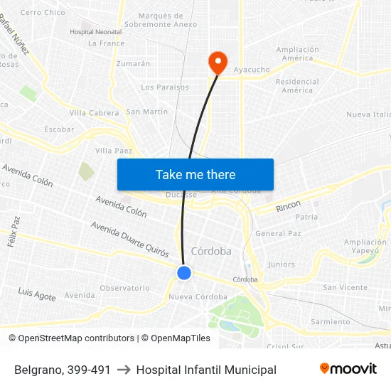 Belgrano, 399-491 to Hospital Infantil Municipal map