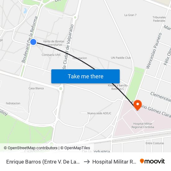 Enrique Barros (Entre V. De Las Artes Y Av. Los Nogales) to Hospital Militar Regional Córdoba map