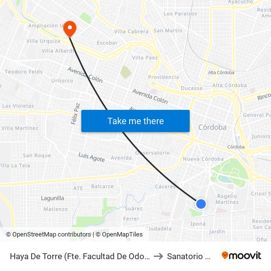 Haya De  Torre (Fte. Facultad De Odontología) to Sanatorio Morra map