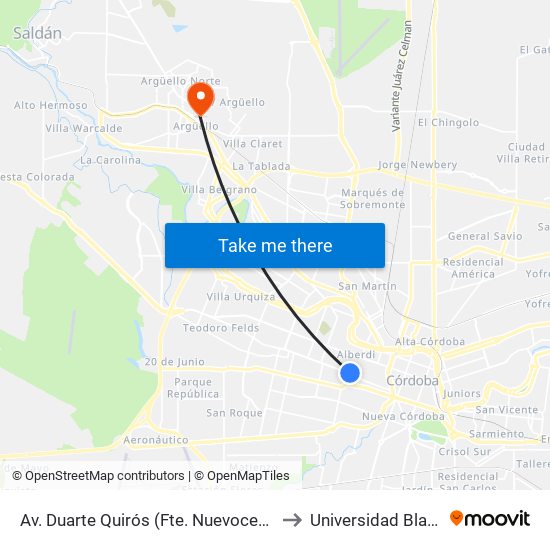 Av. Duarte Quirós (Fte. Nuevocentro Shopping) to Universidad Blas Pascal map