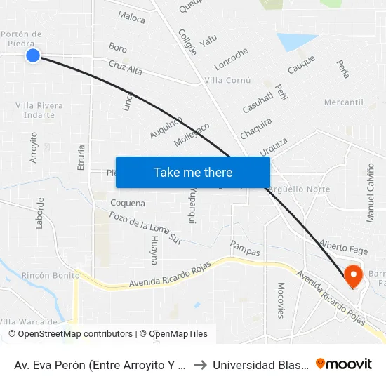 Av. Eva Perón (Entre Arroyito Y Los Reartes to Universidad Blas Pascal map