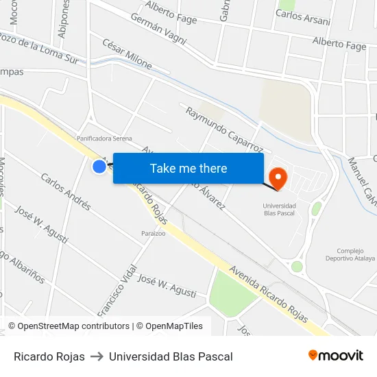 Ricardo Rojas to Universidad Blas Pascal map