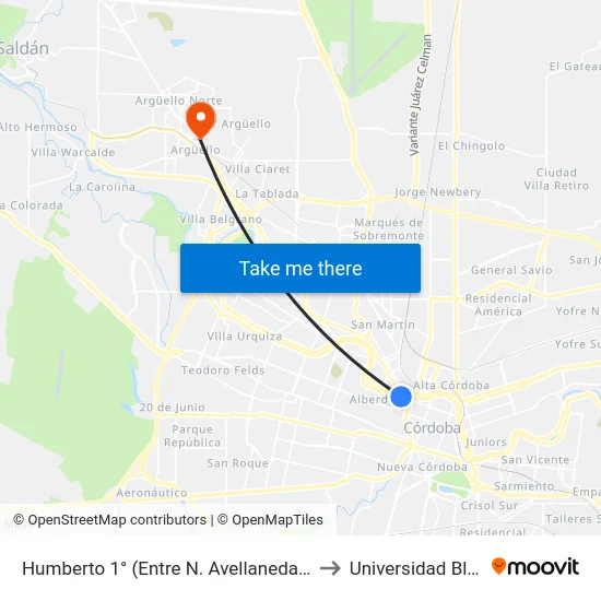 Humberto 1° (Entre N. Avellaneda Y J.J. De Urquiza) to Universidad Blas Pascal map