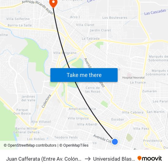 Juan Cafferata (Entre Av. Colón Y Sta. Rosa) to Universidad Blas Pascal map