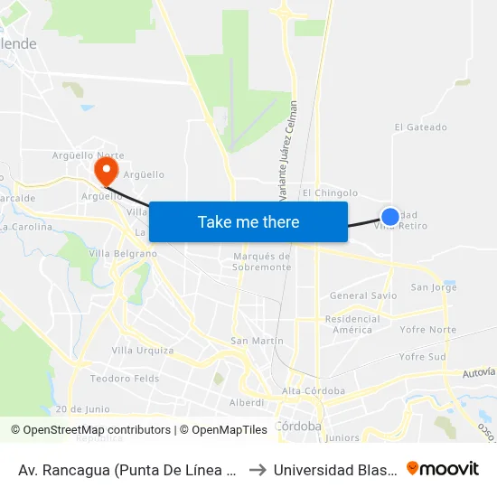 Av. Rancagua (Punta De Línea A. Santa Fé) to Universidad Blas Pascal map