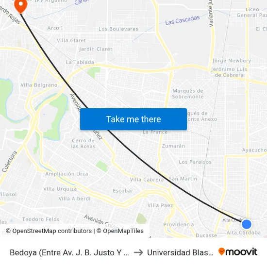 Bedoya (Entre Av. J. B. Justo Y San Martín) to Universidad Blas Pascal map