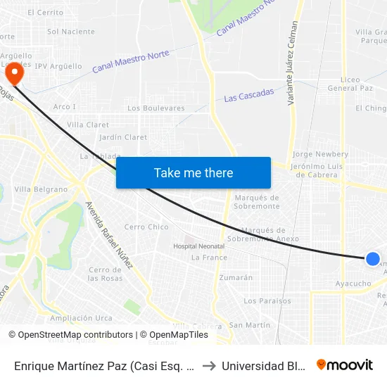 Enrique Martínez Paz (Casi Esq. Roberto Casaux) to Universidad Blas Pascal map