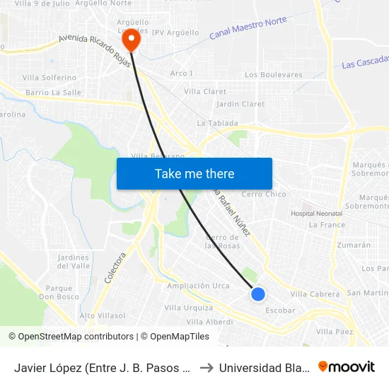 Javier López (Entre J. B. Pasos Y J. C. Lafinur) to Universidad Blas Pascal map